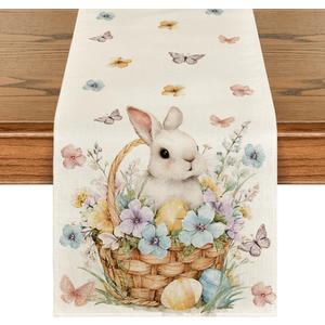 Artoid Mode Bunny Eggs Flowers Basket 210 GSM Easter Table Runner, Seasonal Spring Kitchen Dining Table Decoration for Home Party Decor 13x72 Inch