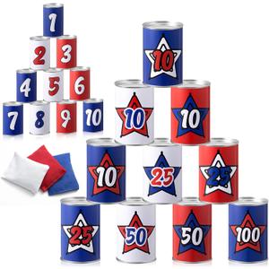 Libima 13 Pcs Festival Game Carnival Party Bean Bag Toss Sturdy Knockdown Outdoor Can Party Game with 10 Tin Cans and 3 Bean Bags for Outdoor and Indoor (Red White Blue,Independence Day)