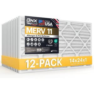 BNX TruFilter 14x24x1 Air Filter MERV 11 (12-Pack) - MADE IN USA - Allergen Defense Electrostatic Pleated Air Conditioner HVAC AC Furnace Filters for Allergies, Pet, Smoke, Allergy MPR 1200 FPR 7