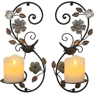 Farmhouse Wall Candle Sconces Set of 2 - Distressed Candle Holder Wall Mounted for Pillar - Vintage Metal Decor with Flower Leaves for Hallway Fireplace Bedroom Living Room