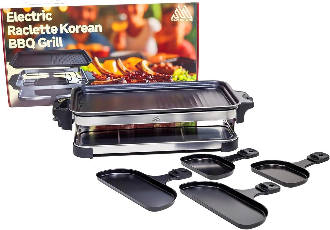Raclette Grill  Smokeless Indoor Electric Table Top Griddle with 1600W Fast Heating Dual-Zone Cooking - Stainless Steel - Easy Clean Nonstick Surface