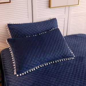 LIFEREVO 2 Pack Diamond Quilted Velvet Bed Pillowcases 20"x26", Pom Poms Fringe Blue Decorative Throw Pillow Shams, Soft Bed Pillow Cases Zipper Closure for Teen's Girls Bedroom (Navy Blue, Standard)