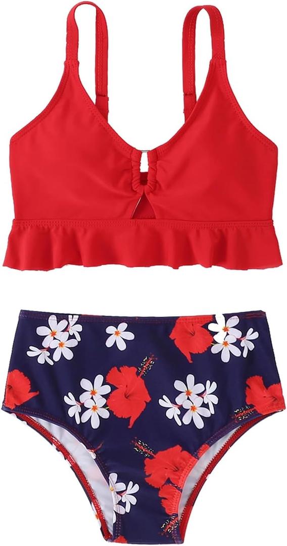 ESHOWEE Girls Swimsuits 2 Piece Bathing Suit Set Toddler Ruffle Tank Top Front Cutout Beach Summer Bikini Swimwear 2-3Y (Red)