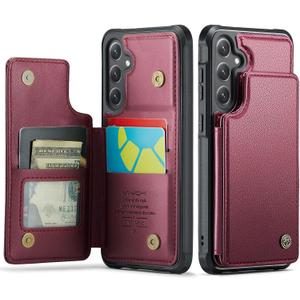 Vinich for Samsung Galaxy S24 Wallet Case with Card Holder, RFID Blocking Credit Slots Kickstand Shockproof Phone Cover for Women Men, Wine Red