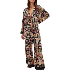 Women Satin Pajama Set Floral Silk Pajamas 2 Piece Lounge Sets Button Down Shirts Wide Leg Pants Pjs Sleepwear (Large)