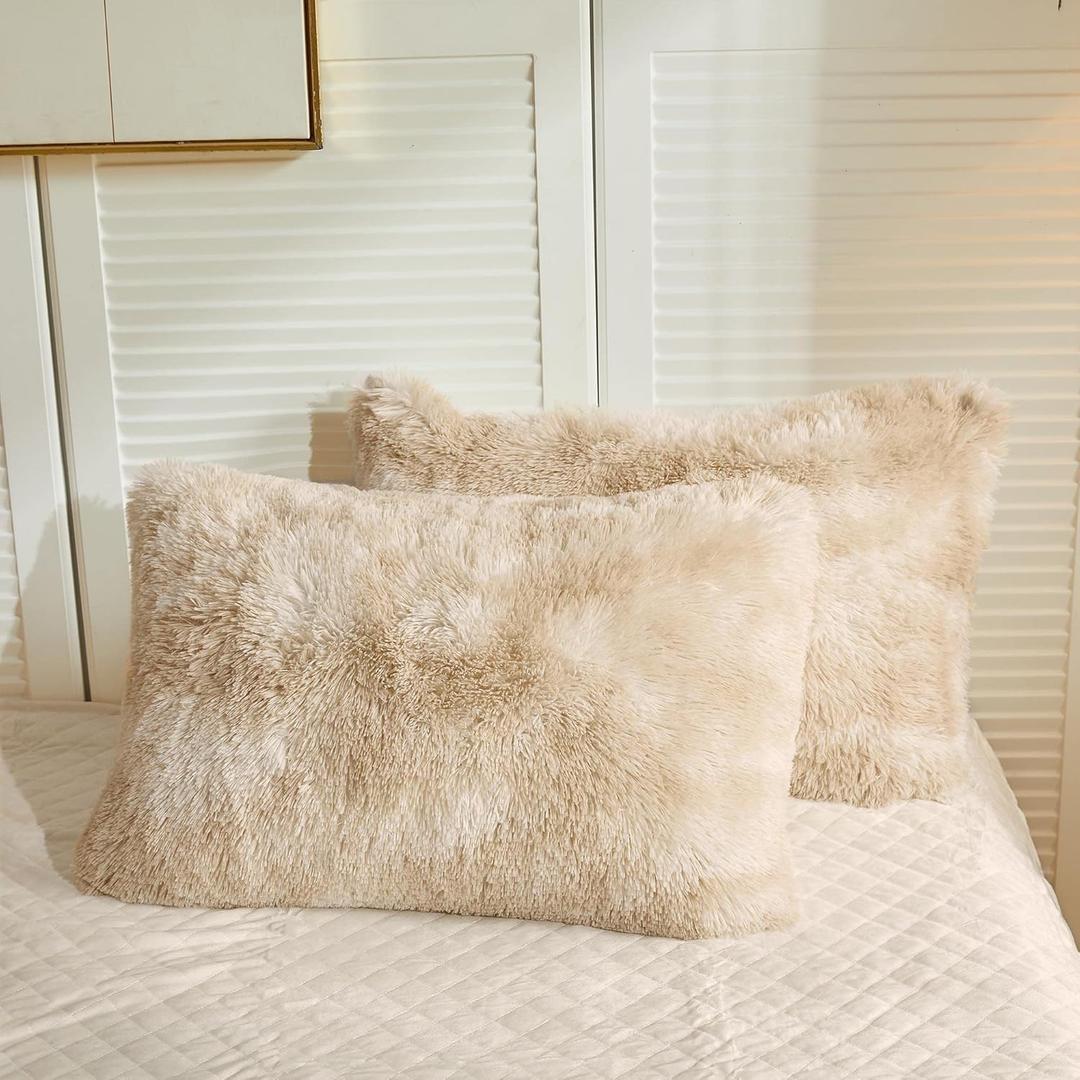 LIFEREVO 2 Pack Shaggy Plush Faux Fur Pillow Shams,Decorative Throw Pillow Covers,Velvety Soft Marble Print Furry Cushion Case,Luxury Pillowcases with Zipper Closure(Tie Dye Light Beige,20"x36")