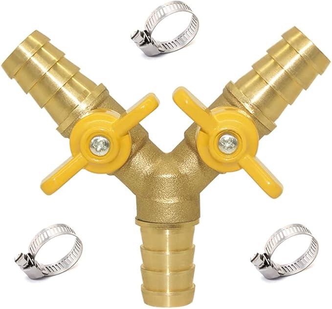 Brass 3-way Y-shaped Shut-off Ball Valve with 2-switch Hose Barb Include 3 Stainless Steel Clamps Hose Pipe Barb Fitting for Water/Oil/Gas