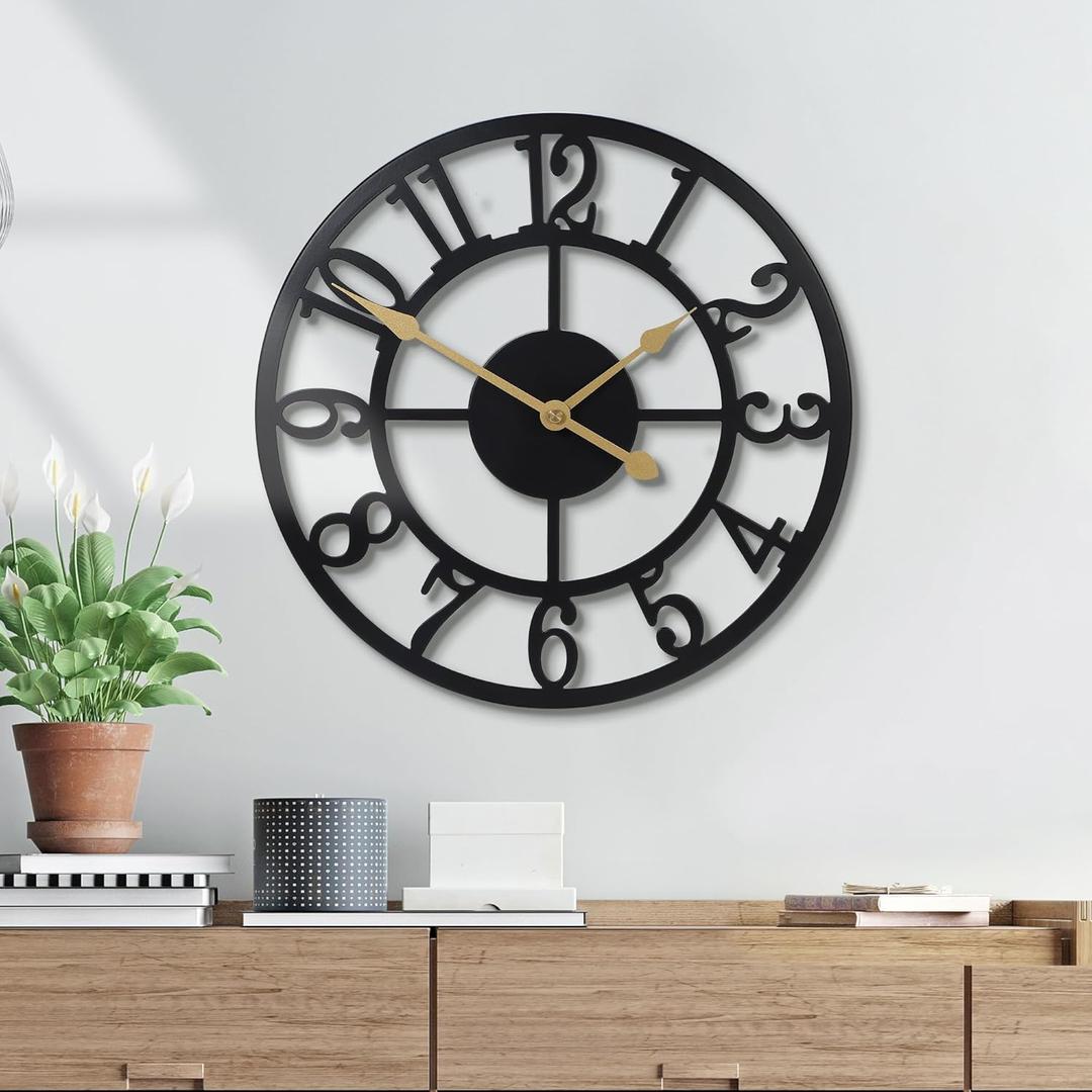 Wall Clock Battery Operated, Silent Non Ticking Modern Rustic Metal Small Clocks for Living Room/Bedroom/Office/Kitchen/Farmhouse Home Decor-12IN(Arabic Number-Black)