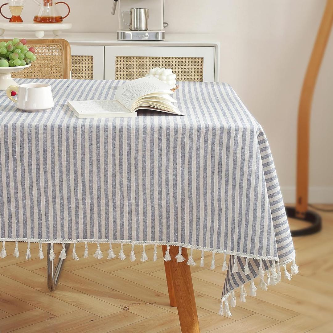 Meioro Rectangle Striped Tassels Tablecloth Cotton Blend Stain and Wrinkle Resistant Washable SquareTable Cloth Cover for Indoor or Outdoor Events & Parties(Blue 24x24 Inch)