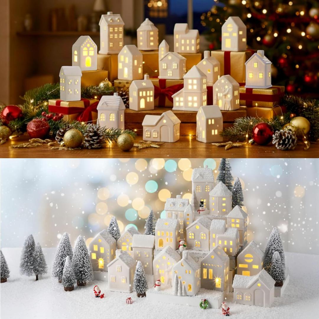 Vinsot 16 Pcs LED Ceramic Christmas Village Set 6 Light up Christmas Village Houses 6 Snowman Santa Figurines, 4 Snow Trimmed Trees with Lamp Post Scenes Porcelain Figurine Tabletop Decor (Classic) one of them is broken