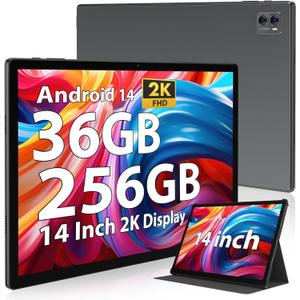 2025 Tablet 14 inch Android 14 Tablets, 2K Display, 256GB Storage(Expand to 1TB),36GB(12+24) RAM, 9600 mAh Battery 18W PD Fast Charger, 8 Core CPU,4 Speakers, 5G WiFi Tablet with Case-Gray