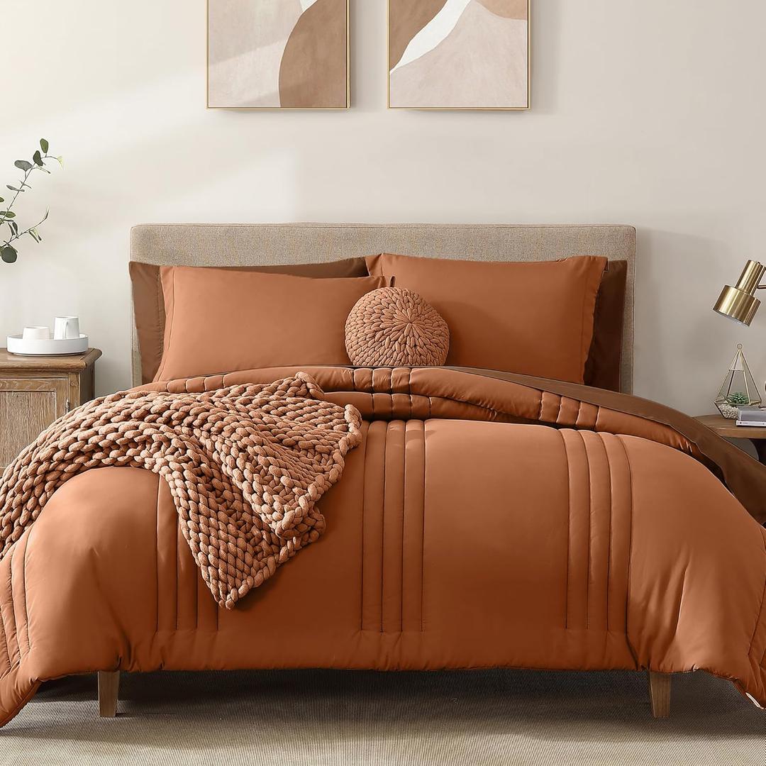 Monbix Burnt Orange Queen Size Comforter Sets, Queen Bedding Set 7 Pieces, All Seasons Comforters, Fluffy Bed Set Warm Bed in A Bag Queen with Sheets(Burnt Orange, Queen, 90''x90'')