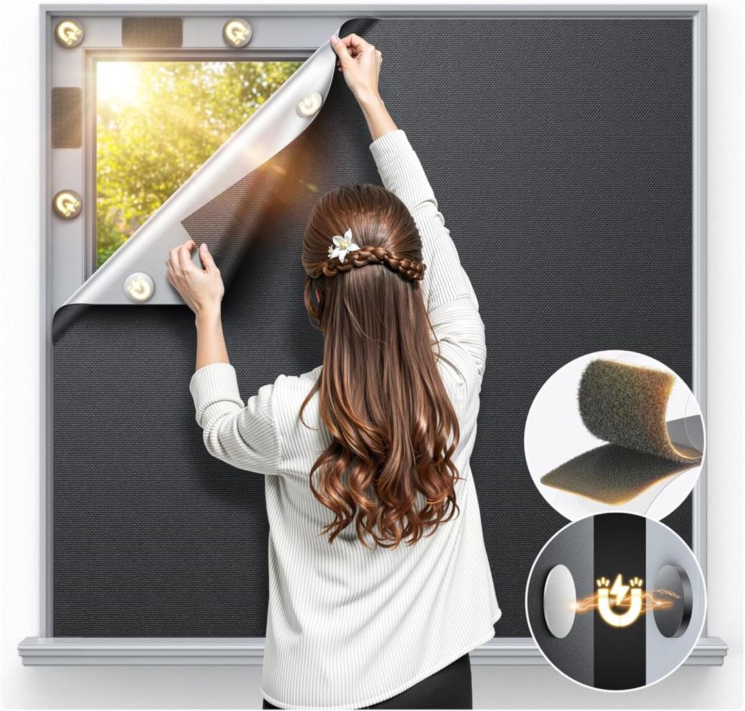 Magnetic Blackout Window Cover 40" x 58" Portable Blackout Curtains for Bedroom, Temporary Black Out Shades Window Privacy Film No Drill Black Out Blinds for Media Room Travel Skylight - Blacks