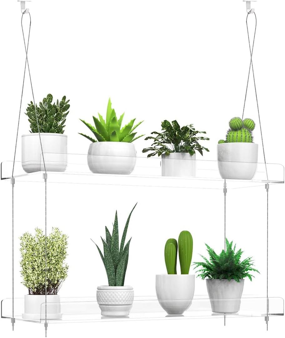 2-Tier Hanging Clear Plant Shelves for Windows, Acrylic Window Wall Plant Stand Shelf for Kitchen Indoor Gardens, Flower,Herb, Seedling Organization, and Pots Display, 16 Inch per Tier