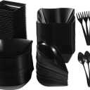 200 Pcs Mini Appetizer Plates, Disposable Dessert Plates with 50 Spoons & 50 Forks, Plastic Serving Bowls, Black Snacks Appetizer Trays for Party, 4 Shapes