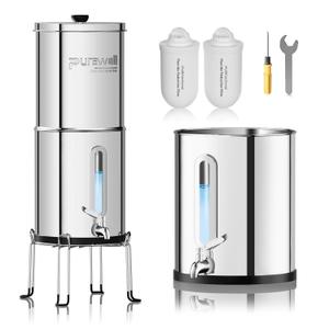 Purewell Upgraded 9-Stage Gravity Water Filter System with Water Level Window, 0.01m Ultra-Filtration Countertop System with 2 Filters and Stand, Reduce Fluoride & Chlorine, BO-FL-2.25G