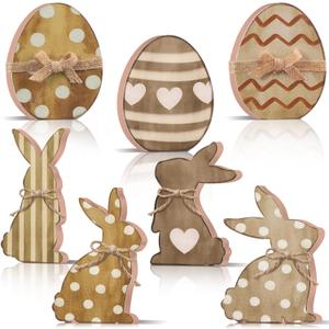 7 Pcs Easter Bunny Egg Decorations Rustic Rabbit Egg Wooden Table Signs with Bows Farmhouse Easter Tiered Tray Decor Vintage Bunny Tabletop Centerpieces for DIY Crafts Spring Holiday Party