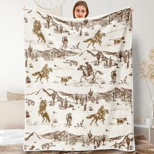 Western Cowboy Throw Blankets, Vintage Wild West Flannel Warm Soft Cozy Fluffy Bed Couch Blanket, Country American Theme White Fleece Throws to Decoration The Room and Bedroom 50 x 60