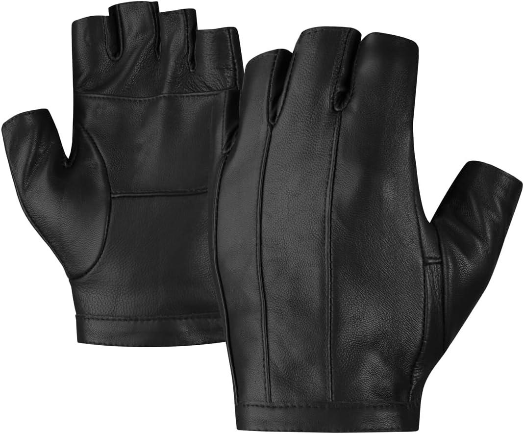 Harssidanzar Driving Gloves for Men,Unlined Fingerless Half Finger Leather Driving Cosplay Costume Gloves KM049US (Medium, Black)