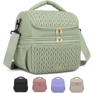 Lunch Box for Women, 12L Insulated Dual Deck & Detachable Divider | 10-Hour Insulation, Spacious Pastel Quilted Puffer Lunch Bag, Dry/Wet Layers, Work School Trip Picnic, 6 Pockets, Lightweight, Green