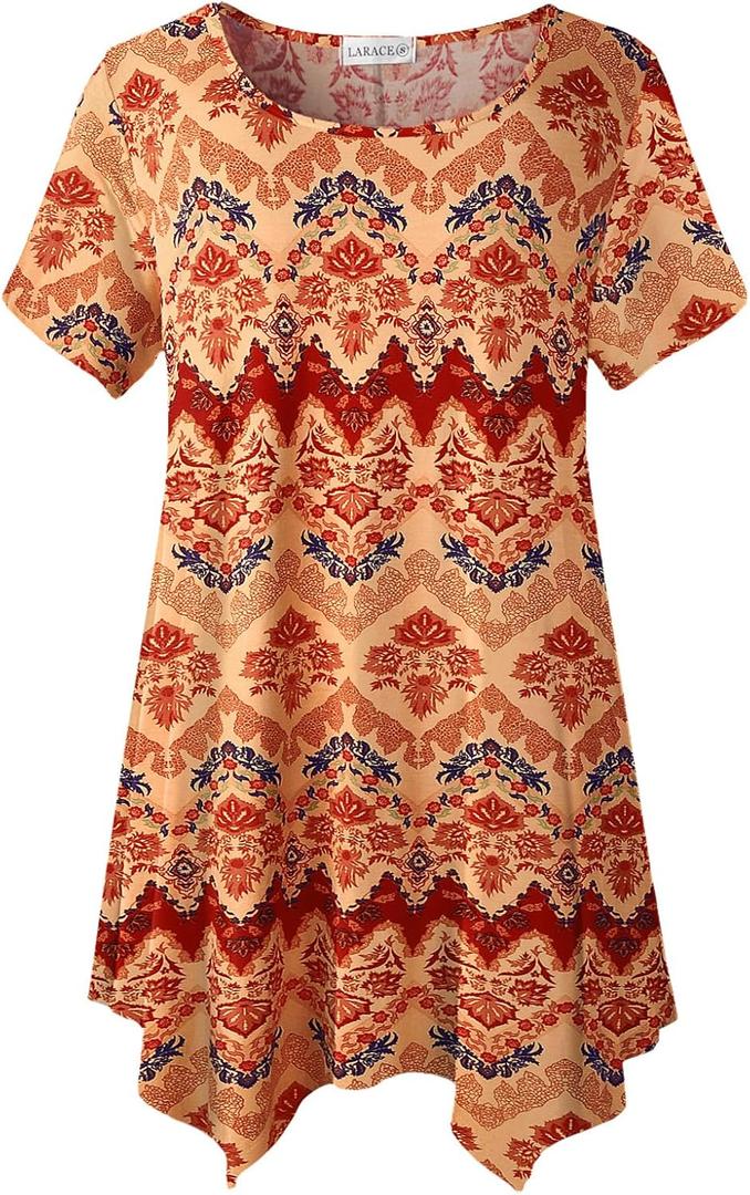 LARACE Short Sleeve Shirts for Womens Plus Size Tops Casual Summer Clothes Asymmetrical Tunic Blouses (Orange, XL)