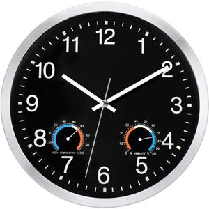 Caysie 12 Inch Indoor Outdoor Clocks Waterproof with Thermometer and Hygrometer Combo, Silent Battery Operated Quartz Metal Wall Clock for Patio Pool Bathroom Home (Black)