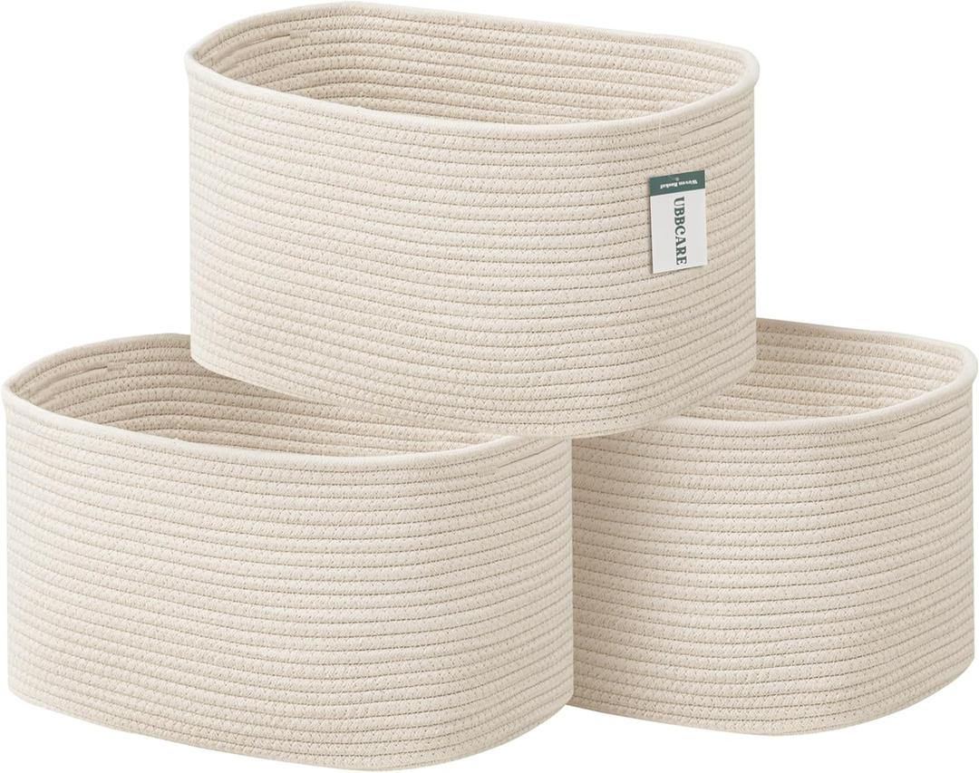 UBBCARE 3-Pack Woven Rope Shelf Baskets - 15x10x9in Decorative Storage Basket for Toys, Kids Playroom, Closet Organization & Cube Storage Organizer | Gift Basket Empty, Beige (Beige)