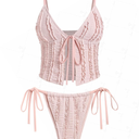 Seamoly Ruffled Trim Textured Tied Side Tanga Tankini Set, Size Medium