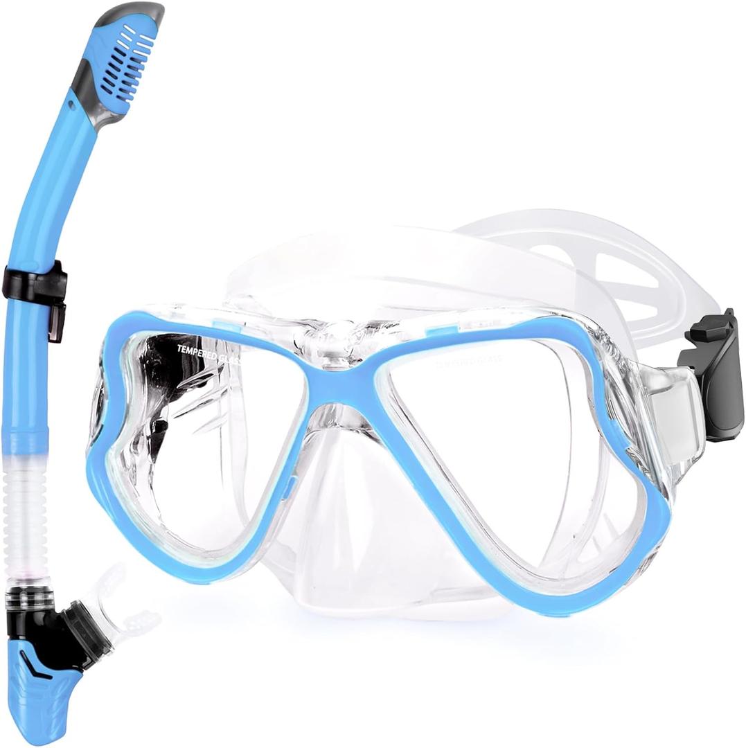 Greatever Dry Snorkel Set,Panoramic Wide View,Anti-Fog Scuba Diving Mask,Professional Snorkeling Gear (Adults, Sky Blue)