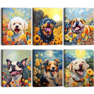 Dog Canvas Wall Art,Funny Dog Canvas Wall Art, Cute Puppy Animal Pictures Wall Decor Print,Colorful Dog Pop Art ,Dog Pop Art,Pet Lovers Kid Bedroom Pet Room Decor,Set of 6 (8"x10" Built-in frame)