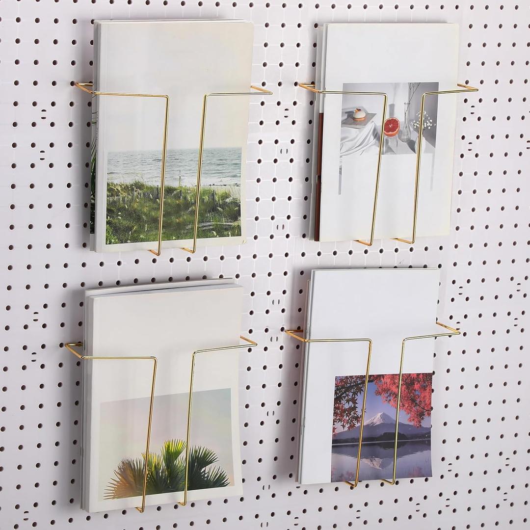 Beeveer 4 Pair Pegboard Display Shelves Expandable Width Metal Magazine Holder Hanging Wall File Organizer Pegboard Accessories Wall Decor for Pantry Exhibitions Trade Show Retail Store(Gold)