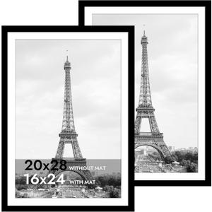iRahmen 20x28 Picture Frame Set of 2 with Plexiglass, Black Wood Poster Frame for Wall Mounting Display 16x24 Picture with Mat or 20 x 28 Without Mat