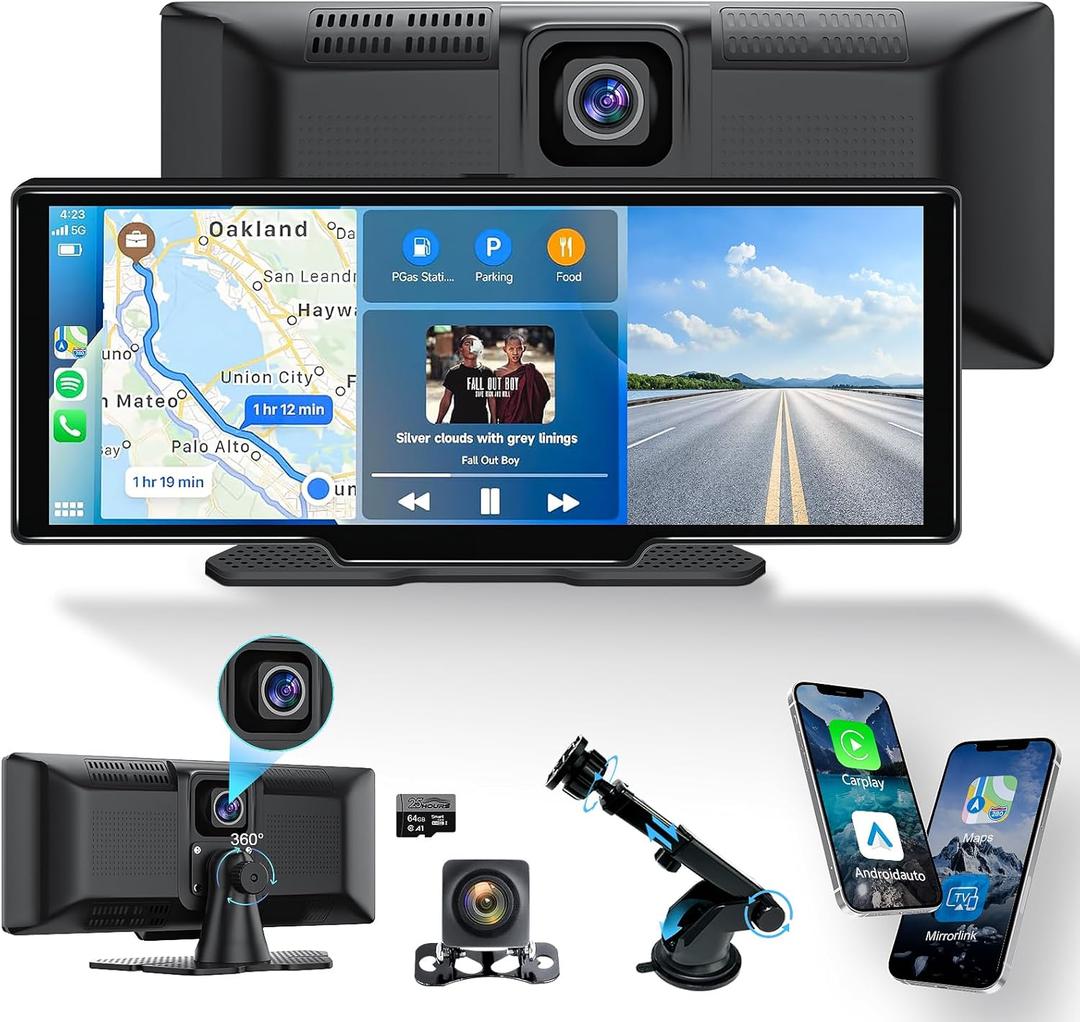 KLZHP001 Carplay Screen for Car, 10.26'' HD IPS Apple Carplay & Android Auto Screen, 4K Dash Cam, 1080P Rear Camera, Wireless Car Play Screen, Car Audio Receivers,GPS Navigation,Mirror Link,FM,Siri