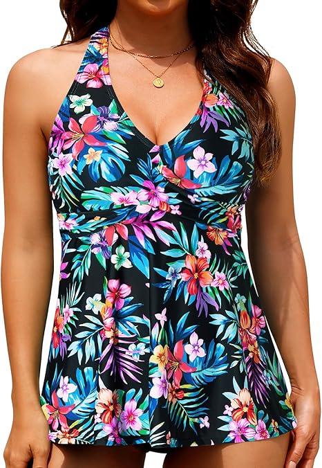 Women's Halter Tankini Tops - 2025 Flow Swim Tops V-Neck Bathing Suit Loose Fit No Bottom, Colorful Floral, L