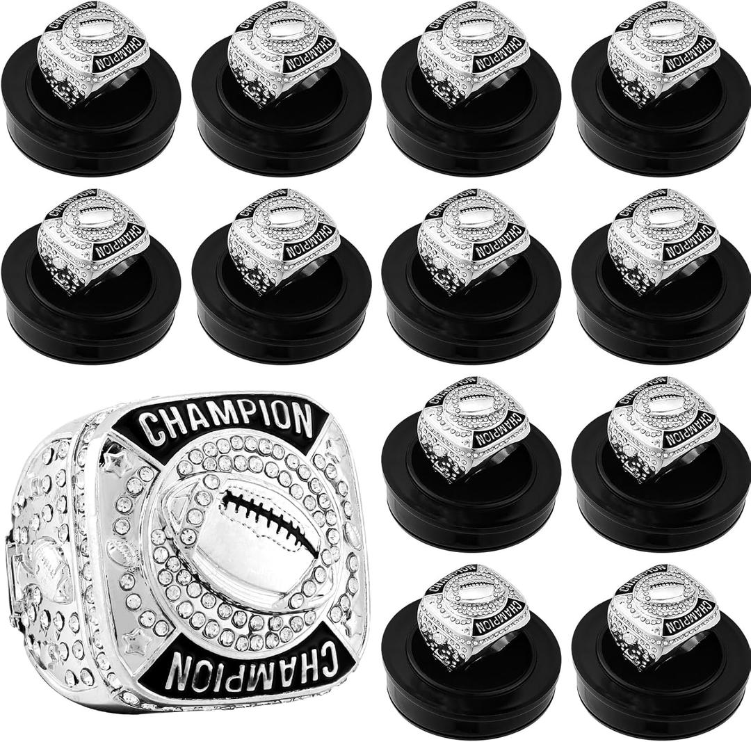 12 Pcs Football Championship Rings Ball Games Championship Trophy Rings Sport Ball Award Gift with Display Neck Chain and Stand for Tournament or Champion Winner (Silver)