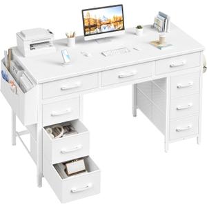 Lufeiya 47 Inch Computer Desk with 9 Drawers, Office Desk Work Desk for Home Office, Study, Writing, Vanity Desk with Fabric Drawers on Both Sides, Large Storage, White