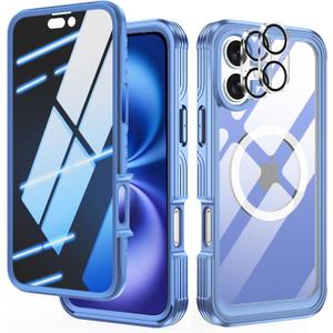 Magnetic Privacy Case for iPhone 16,[Compatible With MagSafe][Built-in Privacy Screen Tempered Glass and Camera Protector] Full Body Shockproof Anti-Spy Phone Cases Cover for iPhone 16 6.1",Blue