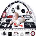 Poycuna Black and White Baby Gym Play Mat with 6 Toys Tummy Time Activity Mat for Babies 0-6 6-12 Months High Contrast Baby Gyms & Playmats Sensory Toys Newborn Brain Development Infant Play Mat