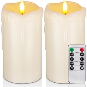 Homemory Dripping Wax Flameless Candles, Battery Operated Candles with Remote Control and Timers, LED Pillar Candles, Electric Fake Candles, 3" x 6", Set of 2