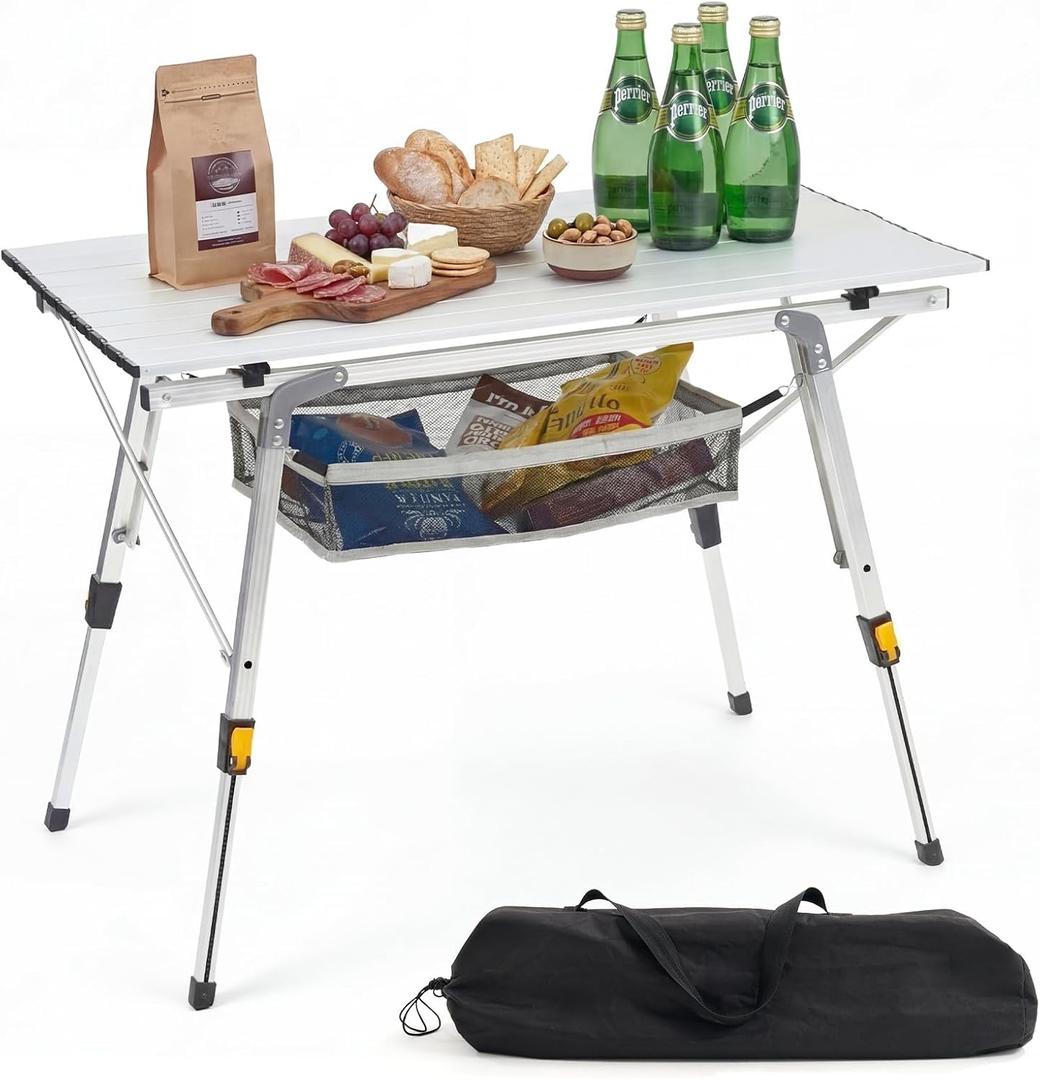 Camping Table Portable Foldable with Adjustable Legs, Aluminum Roll Up Table with Large Mesh Storage Layer & Carrying Bag, Lightweight Outdoor Picnic Table for Camping, Beach, BBQ, Backyard, 35.4 inches x 20.3 inches x 25.8 inches