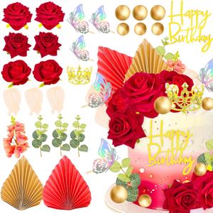 Red Rose Cake Decoration Queen Birthday Cake Decor Palm Leaves Cake Decor | Red Rose Cake Decoration Queen Birthday Cake Decoration Ginkgo Palm Leaves Cake Decoration