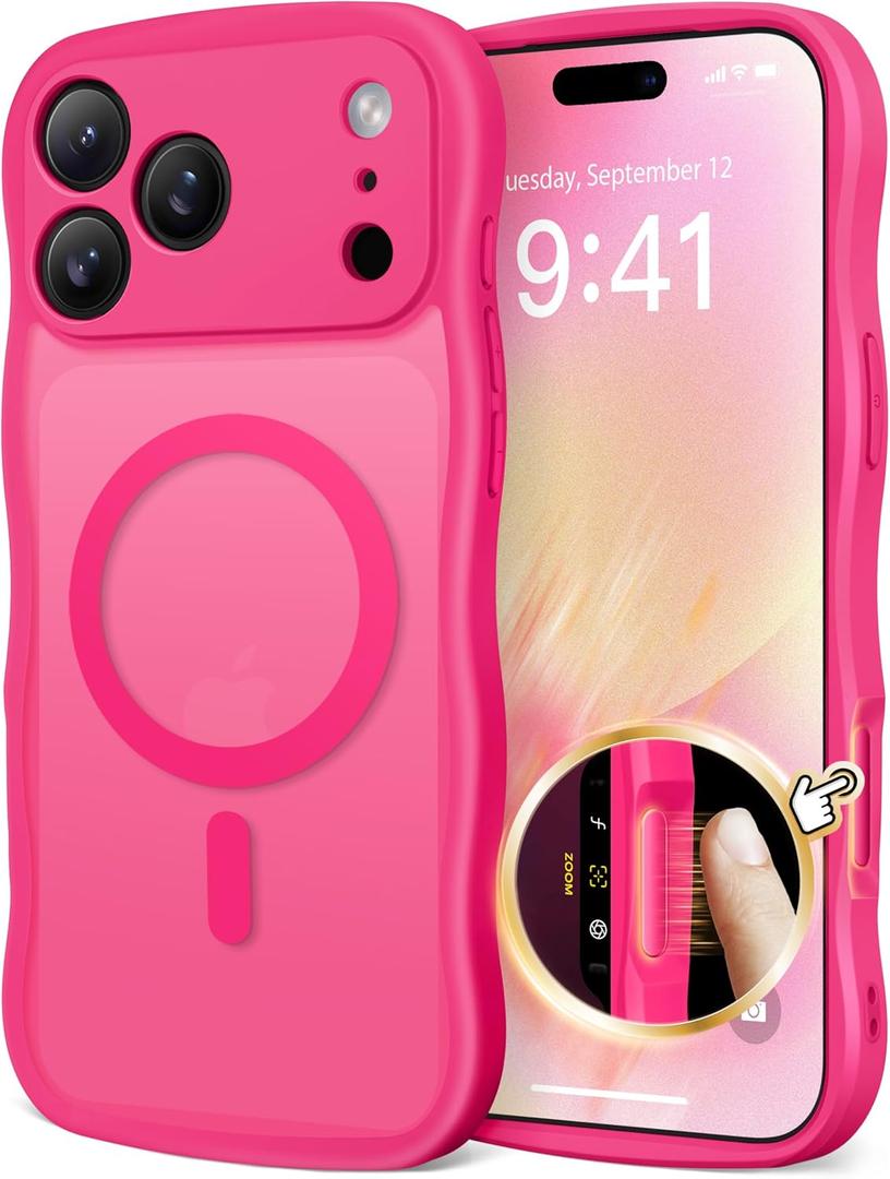 Magnetic for iPhone 17 Pro Case for Women Girls, Upgraded [Full Camera Protection] [Compatible with MagSafe] Cute Wave Translucent Matte Phone Case for iPhone 17 Pro, Hot Pink