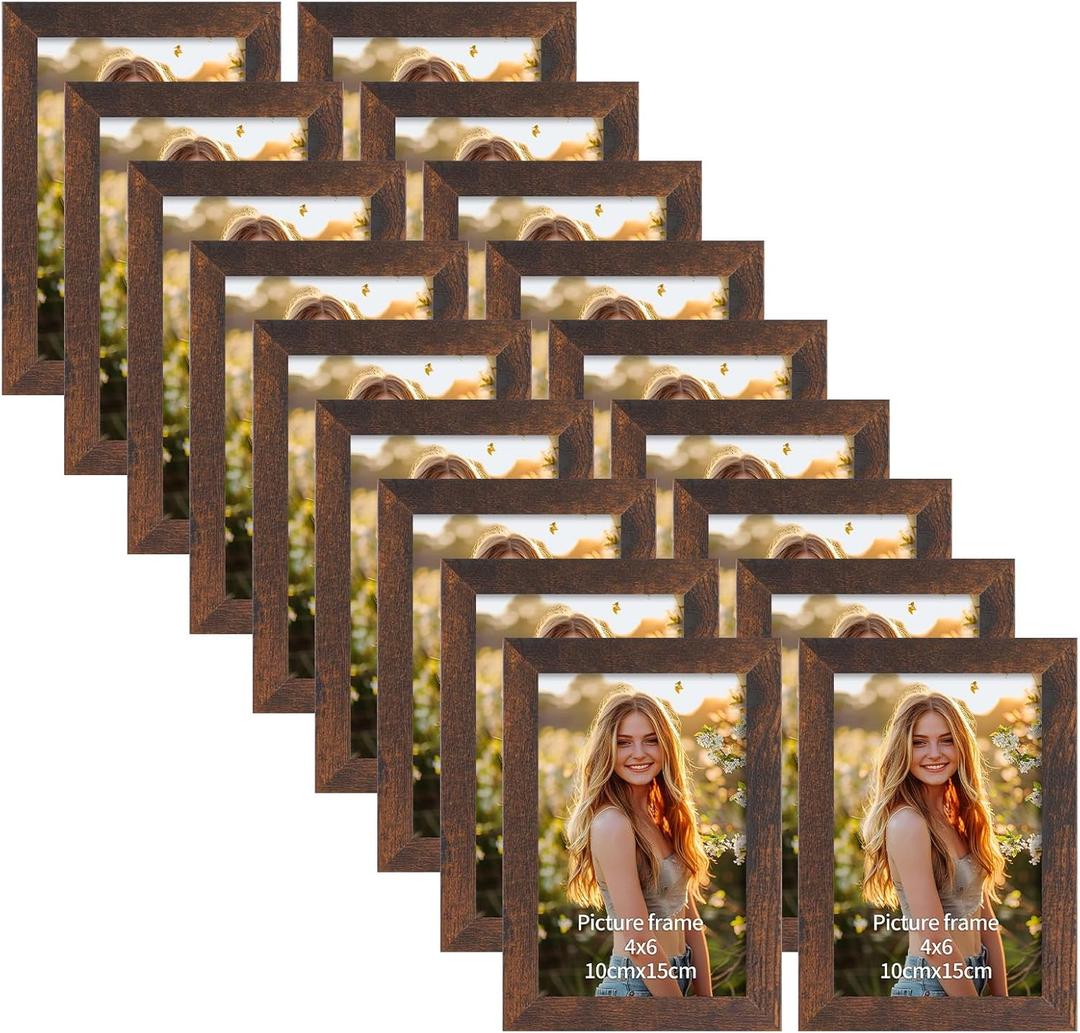 PETAFLOP Wooden Picture Frame 4x6 Bulk Set of 18, Brown Photo Frames Fits 4 by 6 for Wall or Tabletop Display