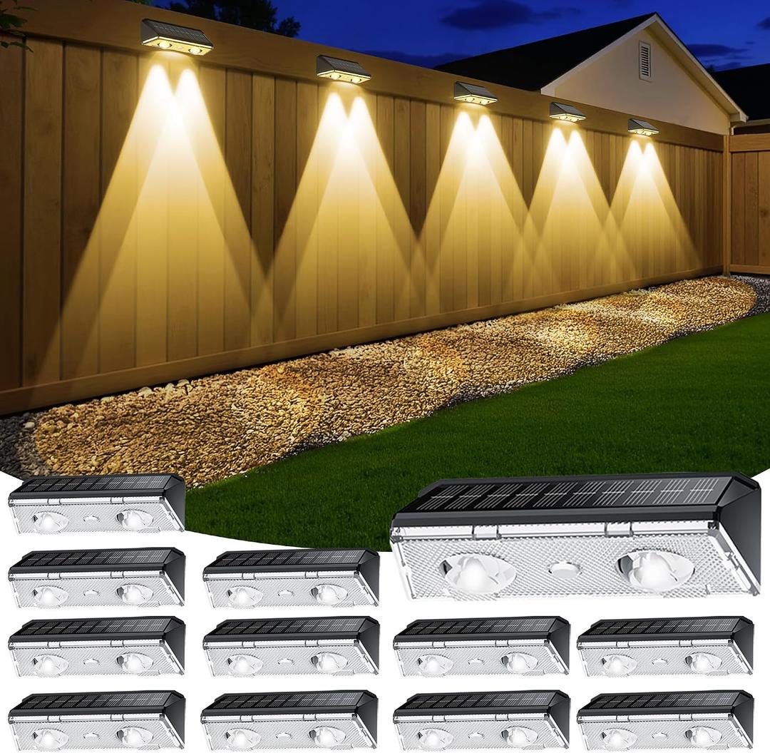 Solar Fence Lights Outdoor, 12 Pack IP65 Waterproof Fence Lights Solar Powered with Ultra-Bright LED Lens, 9 Color Modes, 12+ Hours Steady Glow for Deck/Backyard/Patio/Pool/Wall - Black