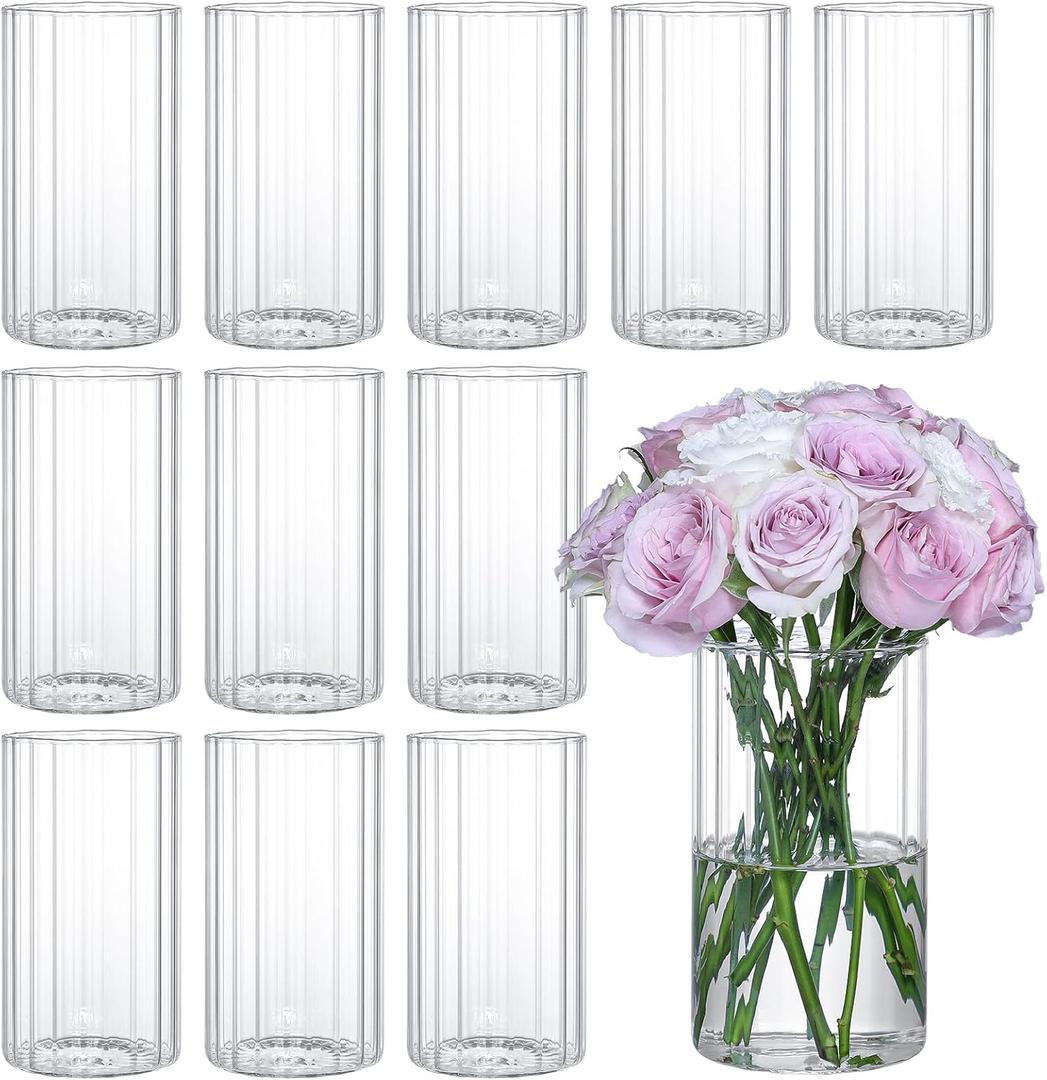 12 Pcs Glass Cylinder Vases for Centerpieces, 6 Inch Clear Ribbed Flower Vase for Wedding Decorations, Clear Floating Candle Vases in Bulk, Hurricane Candle Holders for Table Centerpieces