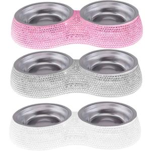 SAVORI Small Cat Bowls Pink, 320ML Handmade Bling Rhinestones Stainless Steel Pet Bowls Removable Double Food Water Feeder for Puppy Cats Dogs