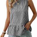 BLENCOT Women Gingham Sleeveless Shirts Ruffle Round Neck Peplum Tank Tops Business Casual Dressy Blouses (Black, S)