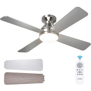 Addlon Ceiling Fans with Lights, 42 inch Low Profile Ceiling Fan with Light and Remote Control, Flush Mount, Reversible, 3CCT Dimmable 4 Blades Nickel Small Ceiling Fan for Bedroom Indoor/Outdoor Use