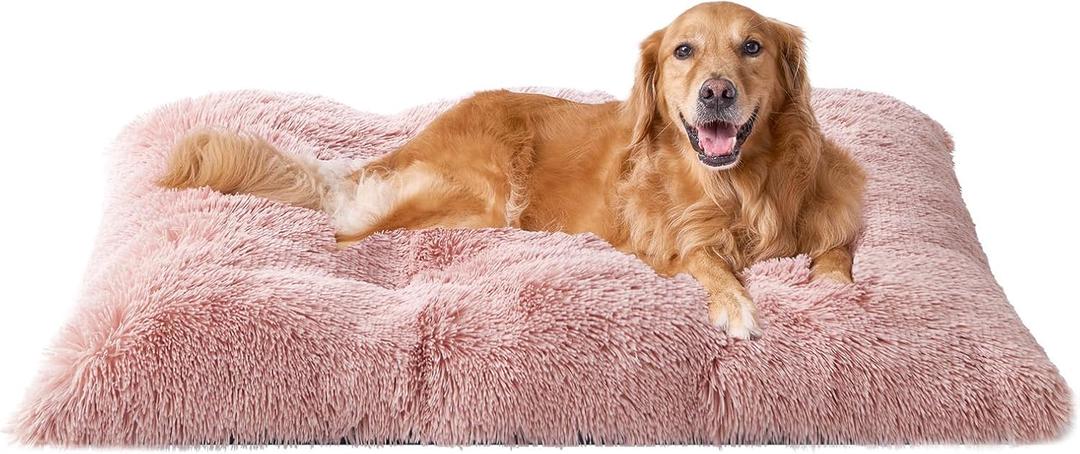 EHEYCIGA Fluffy Dog Crate Bed, Plush Extra Large Dog Pillow, Pink Xlarge Calming Anti Anxiety Plush Faux Fur Mat for Large size dogs, Washable Soft Warm Dog Pad with Non-Slip Bottom, 41 x 27.5