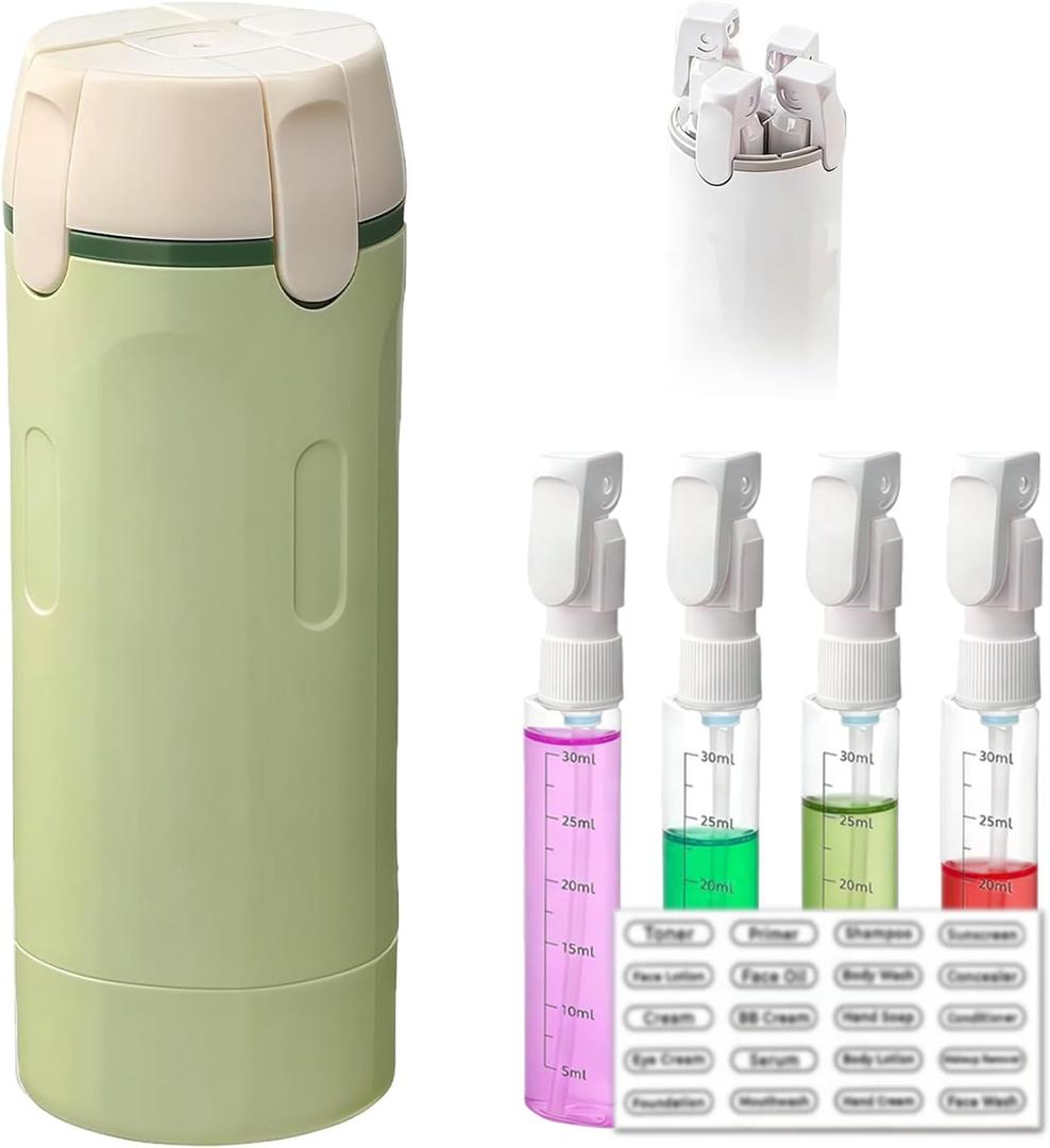 4 in 1 Travel Pump Dispenser Bottle, 30ML 4 Pack Leak-Proof Pump Containers with Measurement Scale & Label Stickers, Portable Bottles for Toiletries, Shower & Travel Use (Green)